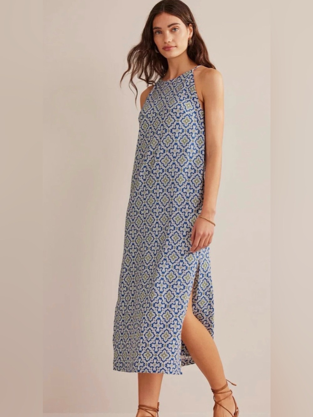 Boden Cotton Racer neck Side Slits Midi Dress Size 16-18